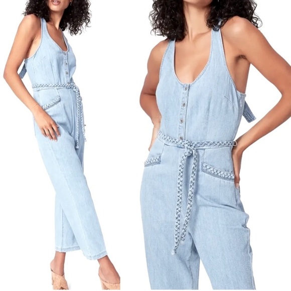 Anthropologie Paige Celia Cropped Denim Wide-Leg Jumpsuit Size S - Picture 3 of 11